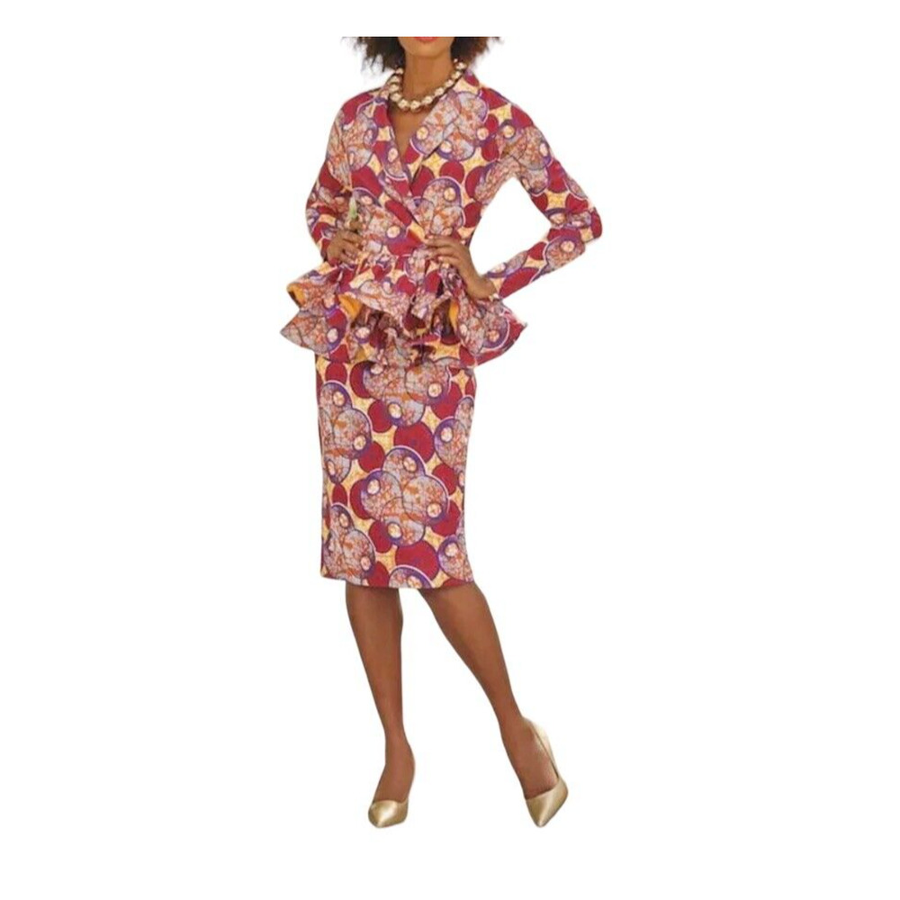 Ashro 100% Cotton African Print Double Peplum Wrap Ruffle Skirt Set Church Suit